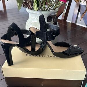 Franco Sarto Black Patent & Suede Pointed-Toe Heels